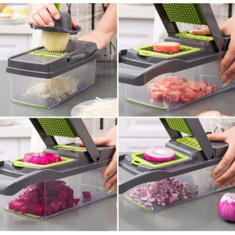 Багатофункціональна ручна овочерізка-подрібнювач Veggie Slicer 14в1 з насадками та контейнером, ситечко для яєць та ніж-економка для очищення овочів Сіро-зелений