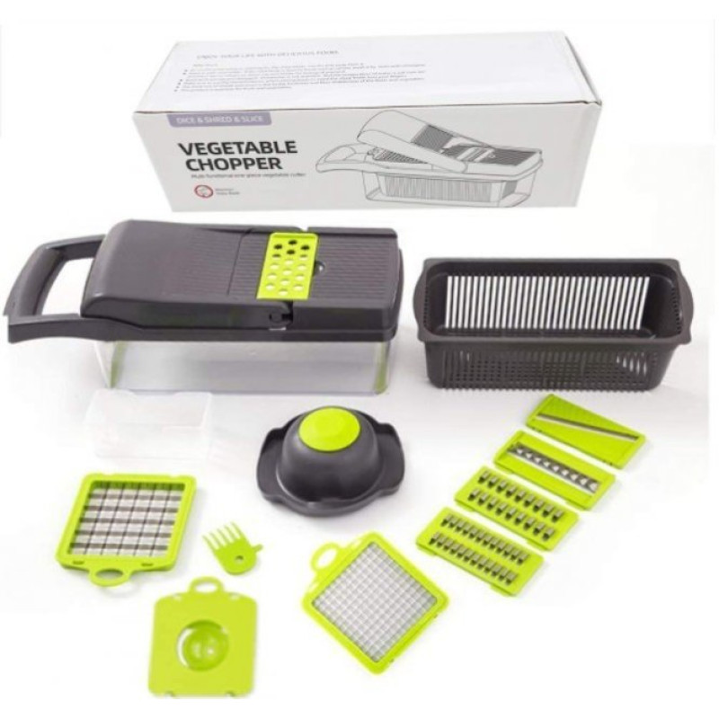 Багатофункціональна ручна овочерізка-подрібнювач Veggie Slicer 14в1 з насадками та контейнером, ситечко для яєць та ніж-економка для очищення овочів Сіро-зелений