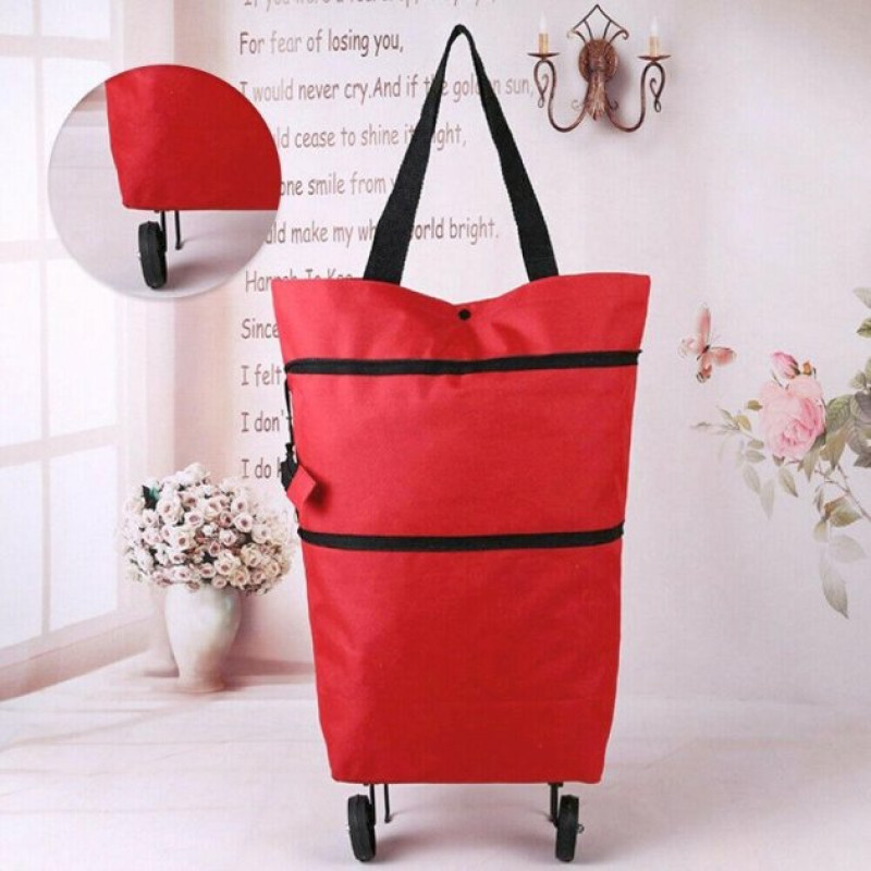 Сумка господарська для покупок візок на колесах або на плече складана Red