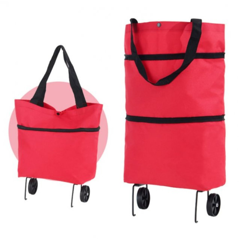 Сумка господарська для покупок візок на колесах або на плече складана Red