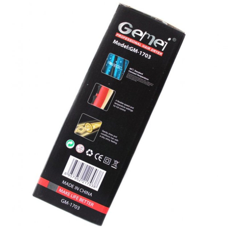 Професійний фен для волосся з насадкою концентратором та холодним повітрям Gemei GM-1703 1400Вт Red/Gold