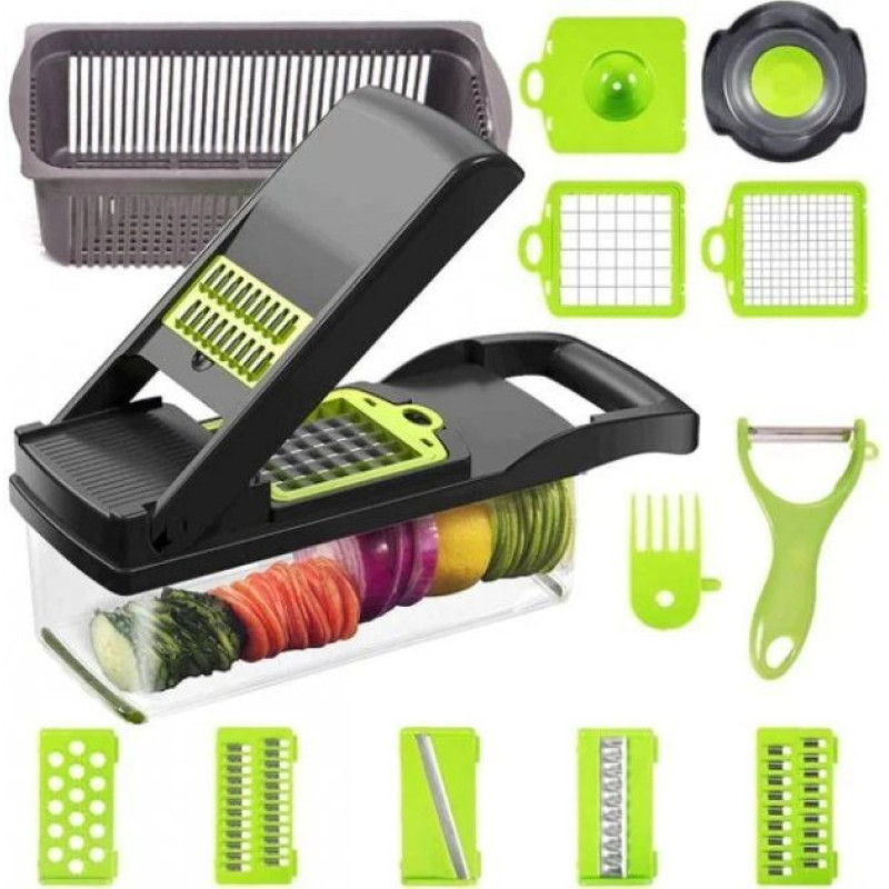 Багатофункціональна ручна овочерізка-подрібнювач Veggie Slicer 14в1 з насадками та контейнером, ситечко для яєць та ніж-економка для очищення овочів Сіро-зелений