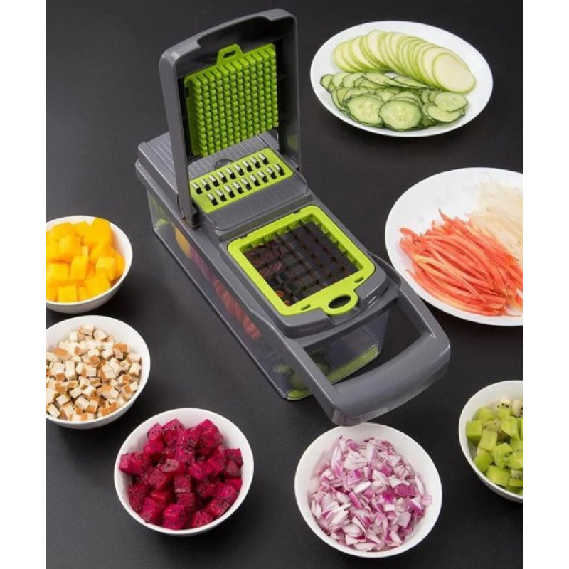 Багатофункціональна ручна овочерізка-подрібнювач Veggie Slicer 14в1 з насадками та контейнером, ситечко для яєць та ніж-економка для очищення овочів Сіро-зелений
