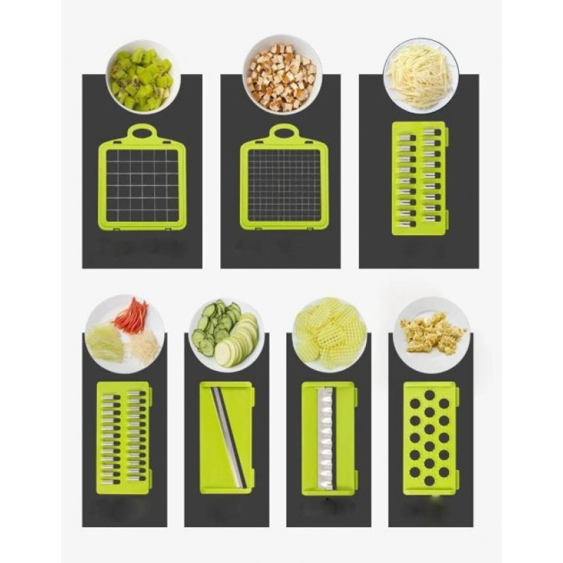 Багатофункціональна ручна овочерізка-подрібнювач Veggie Slicer 14в1 з насадками та контейнером, ситечко для яєць та ніж-економка для очищення овочів Сіро-зелений