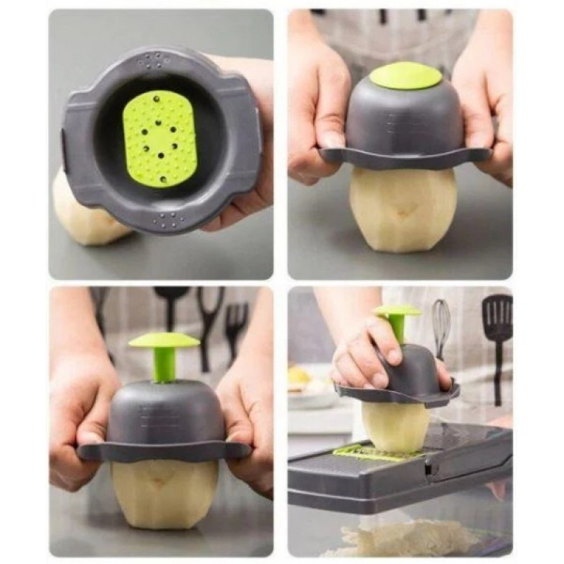 Багатофункціональна ручна овочерізка-подрібнювач Veggie Slicer 14в1 з насадками та контейнером, ситечко для яєць та ніж-економка для очищення овочів Сіро-зелений