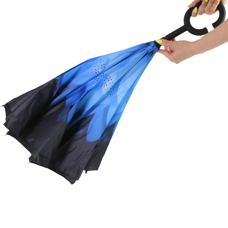 Парасолька двостороння вітрозахисна зворотна будова Lesko Up-Brella Синя Квітка Black/Blue