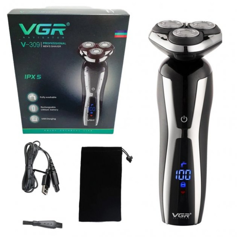 Електробритва для чоловіків роторна VGR V-309 водонепроникна бритва для вологого та сухого гоління Чорний