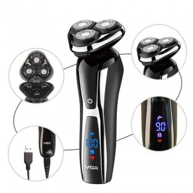 Електробритва для чоловіків роторна VGR V-309 водонепроникна бритва для вологого та сухого гоління Чорний