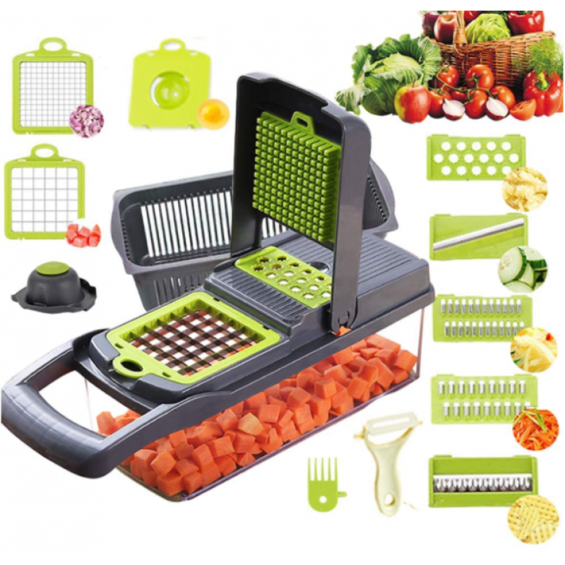 Багатофункціональна ручна овочерізка-подрібнювач Veggie Slicer 14в1 з насадками та контейнером, ситечко для яєць та ніж-економка для очищення овочів Сіро-зелений