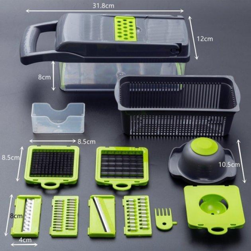 Багатофункціональна ручна овочерізка-подрібнювач Veggie Slicer 14в1 з насадками та контейнером, ситечко для яєць та ніж-економка для очищення овочів Сіро-зелений