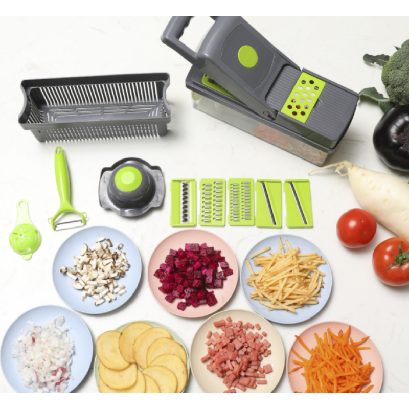 Багатофункціональна ручна овочерізка-подрібнювач Veggie Slicer 14в1 з насадками та контейнером, ситечко для яєць та ніж-економка для очищення овочів Сіро-зелений