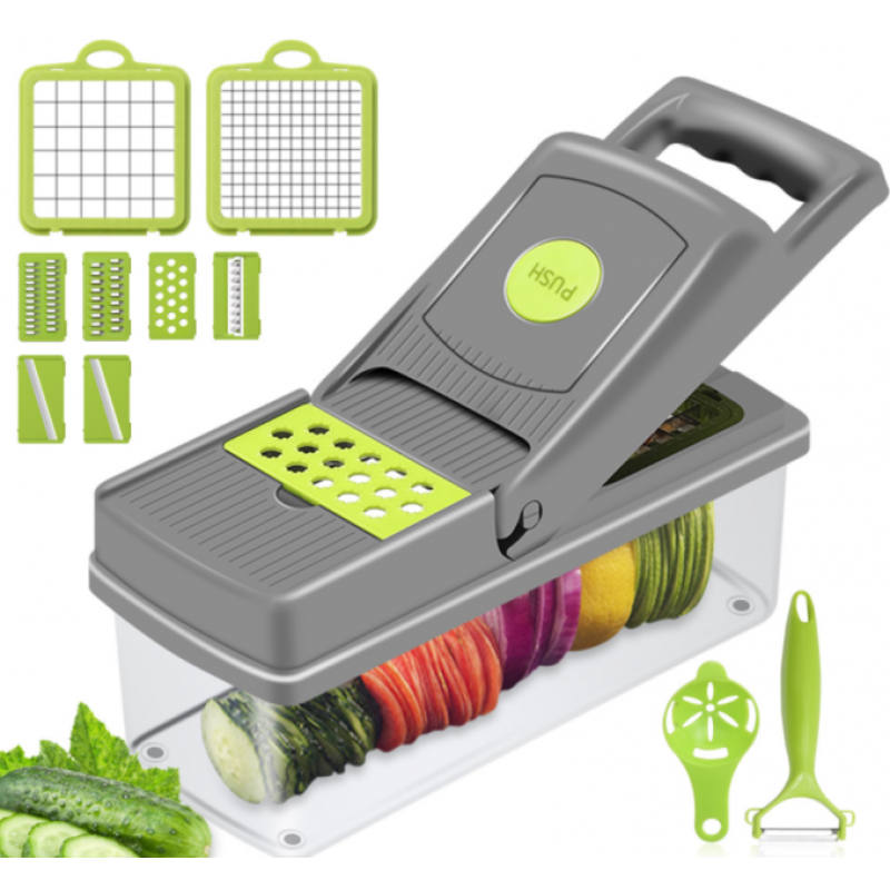 Багатофункціональна ручна овочерізка-подрібнювач Veggie Slicer 14в1 з насадками та контейнером, ситечко для яєць та ніж-економка для очищення овочів Сіро-зелений