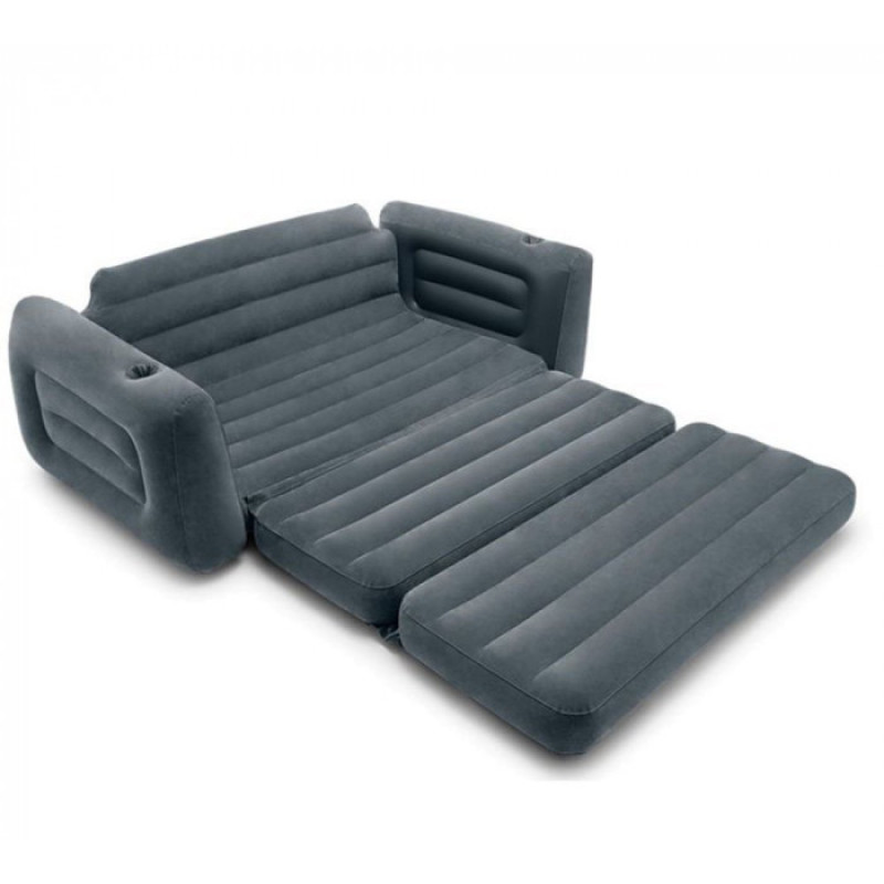 Надувний розкладний двоспальний диван-трансформер велюровий з флокованим покриттям 2в1 Intex 66552 203*224*66см Темно-Сірий