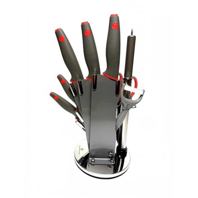 Набір кухонних ножів з 9 предметів з нержавіючої сталі на підставці Edenberg EB-11063 RED з антибактеріальним покриттям