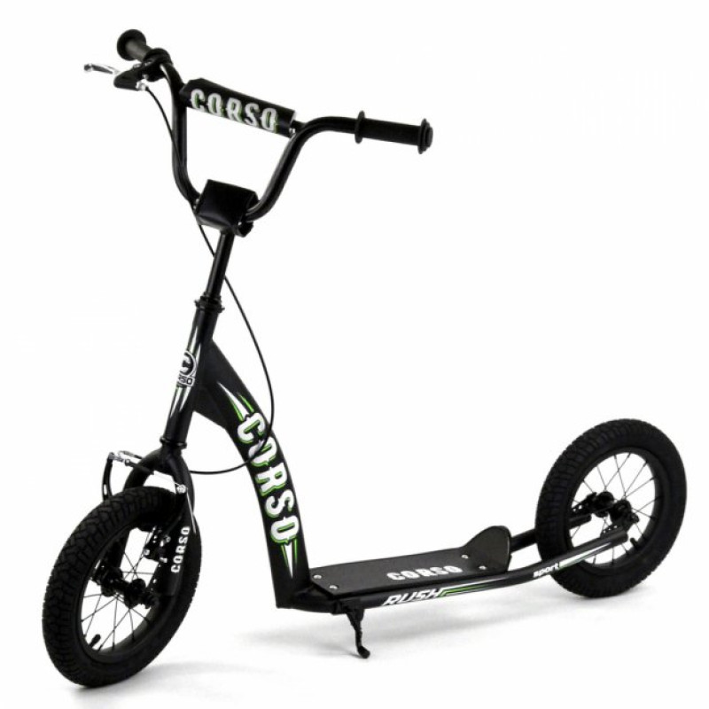 Самокат міський двоколісний з великими надувними колесами 12" для дітей від 3 років Corso CR-T 0070 Чорний/Зелений