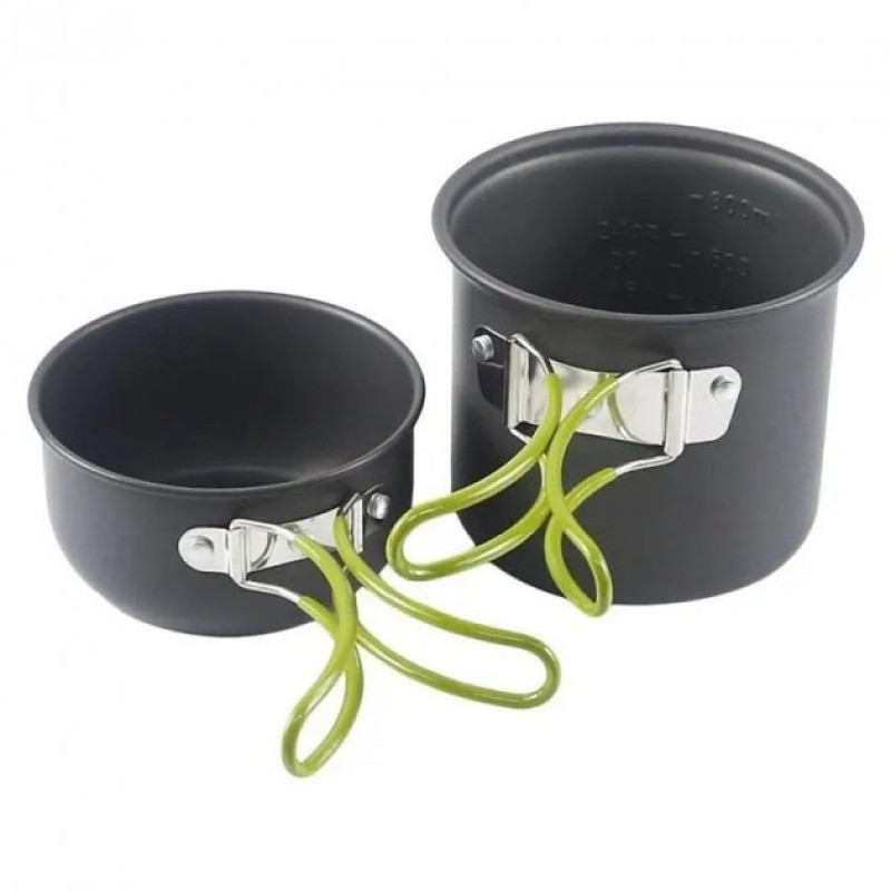 Набір туристичного посуду для пікніка із чохлом на 1 персону Cooking Set DS-101 Чорний із салатовим