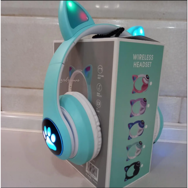Бездротові накладні навушники котячі вушка з мікрофоном та LED RGB підсвічуванням, зелені AKS-28