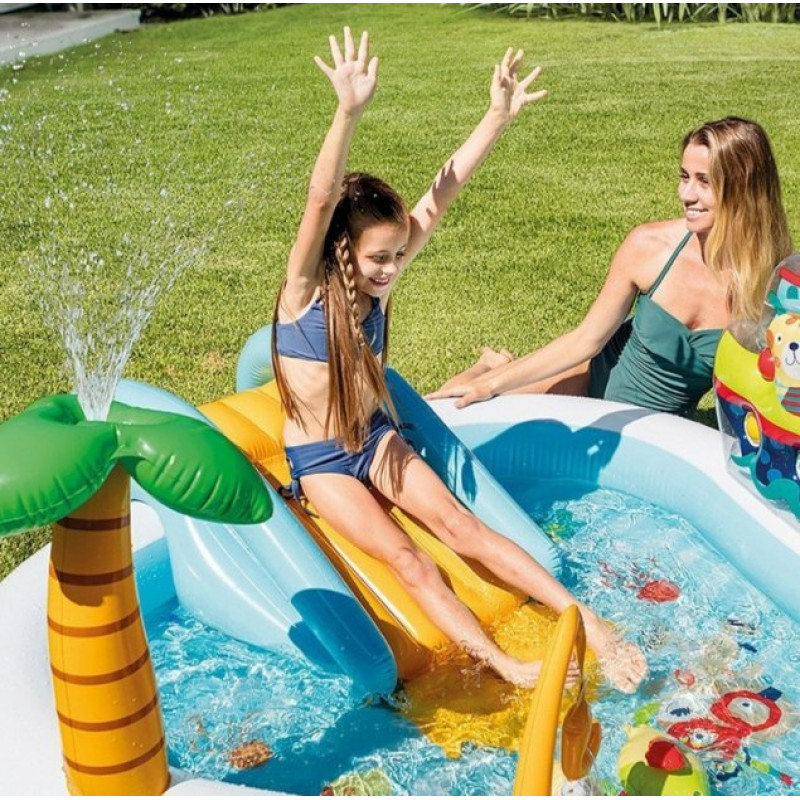 Надувний ігровий центр басейн дитячий від 3 років Intex 57162 "Весела рибалка" 218x188x99см з надувною вудкою та гіркою 2 рибки Різнокольоровий