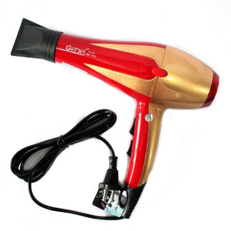Професійний фен для волосся з насадкою концентратором та холодним повітрям Gemei GM-1703 1400Вт Red/Gold