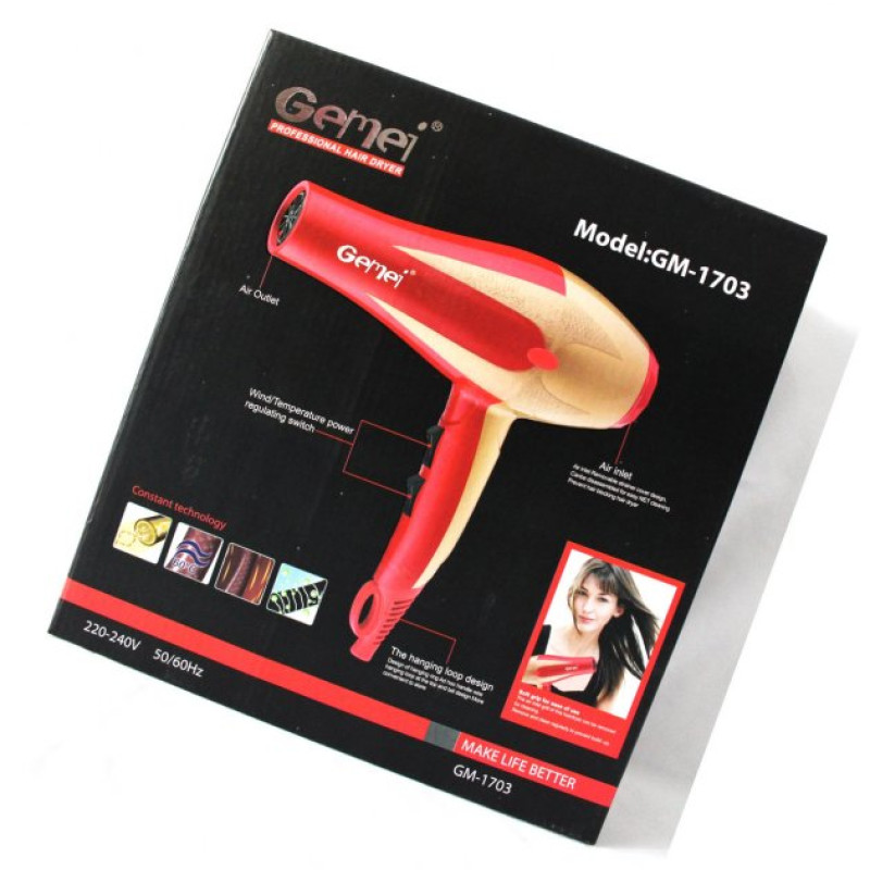 Професійний фен для волосся з насадкою концентратором та холодним повітрям Gemei GM-1703 1400Вт Red/Gold