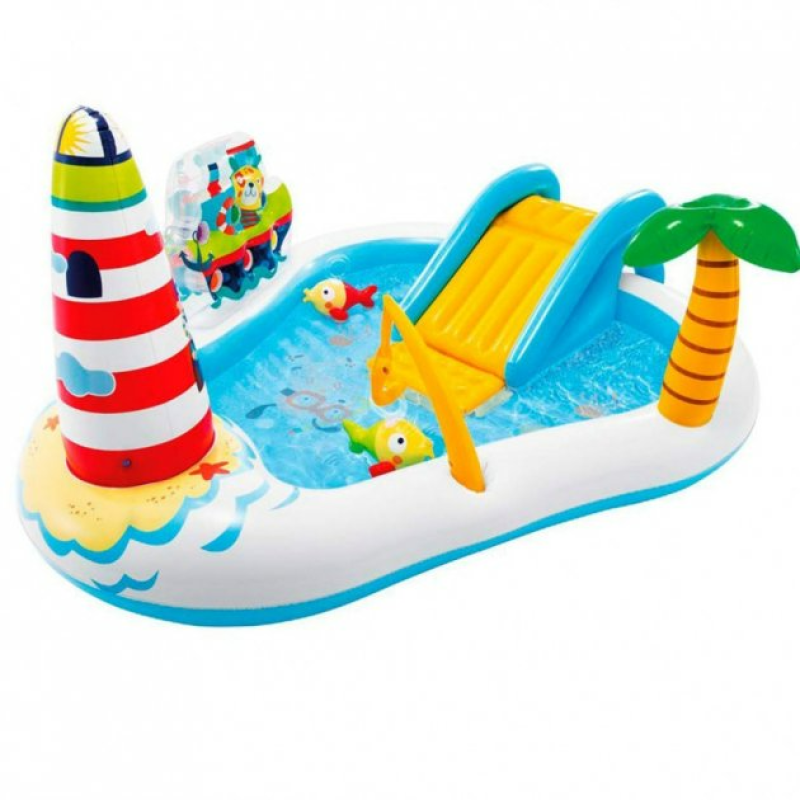 Надувний ігровий центр басейн дитячий від 3 років Intex 57162 "Весела рибалка" 218x188x99см з надувною вудкою та гіркою 2 рибки Різнокольоровий