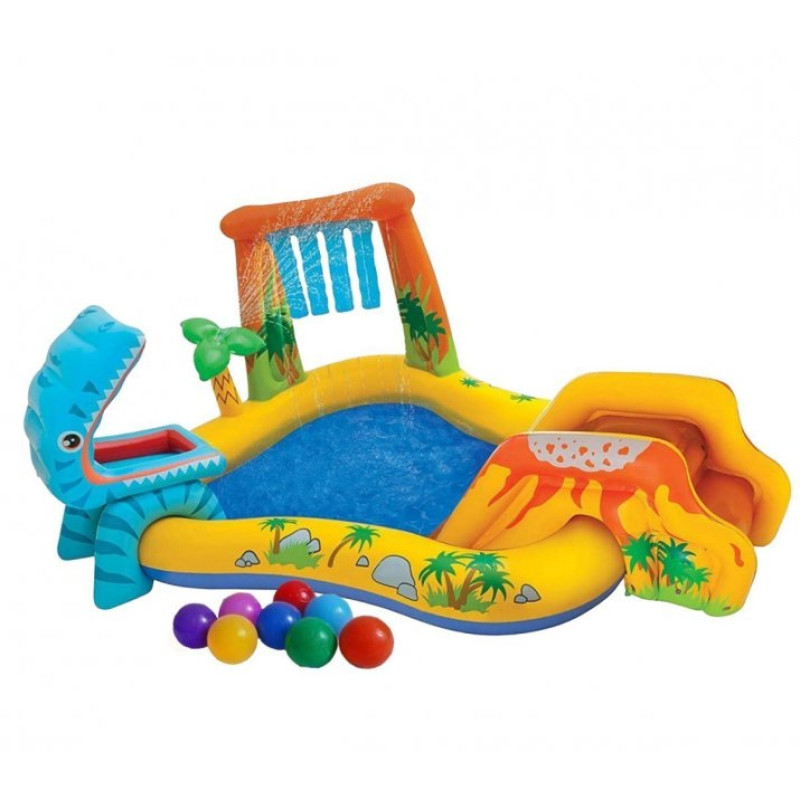 Надувний ігровий центр басейн дитячий від 3 років Intex 57444 Динозаври 249х191х109см з гіркою, душем, фонтанчиком та 6 кульками Різнокольоровий