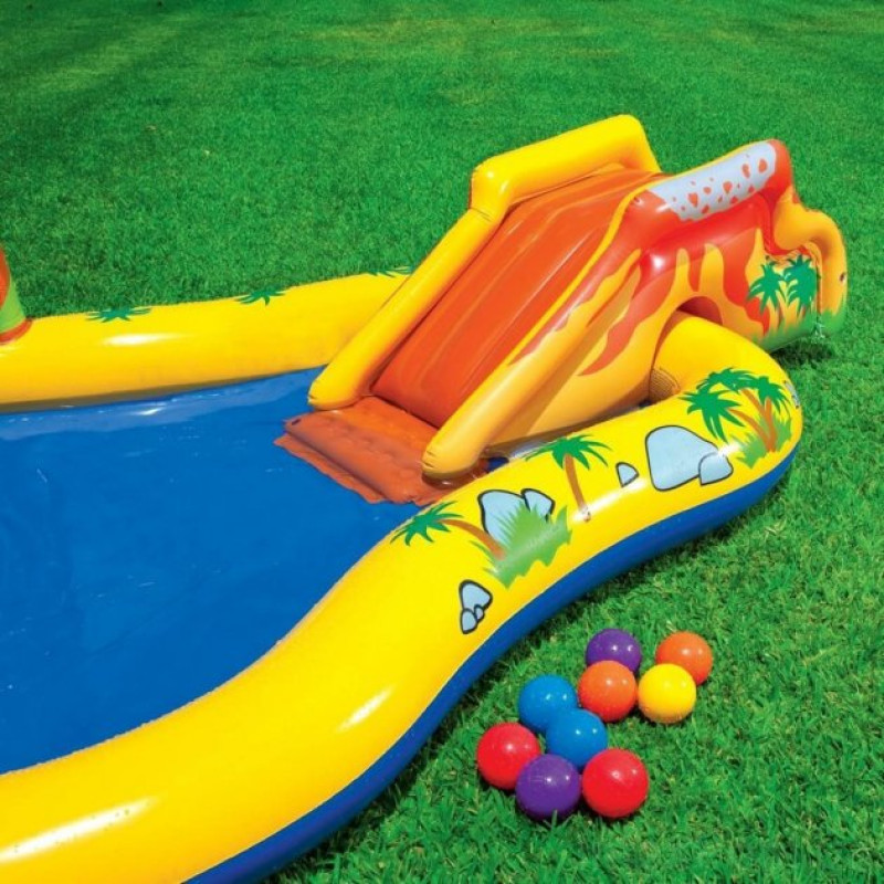 Надувний ігровий центр басейн дитячий від 3 років Intex 57444 Динозаври 249х191х109см з гіркою, душем, фонтанчиком та 6 кульками Різнокольоровий