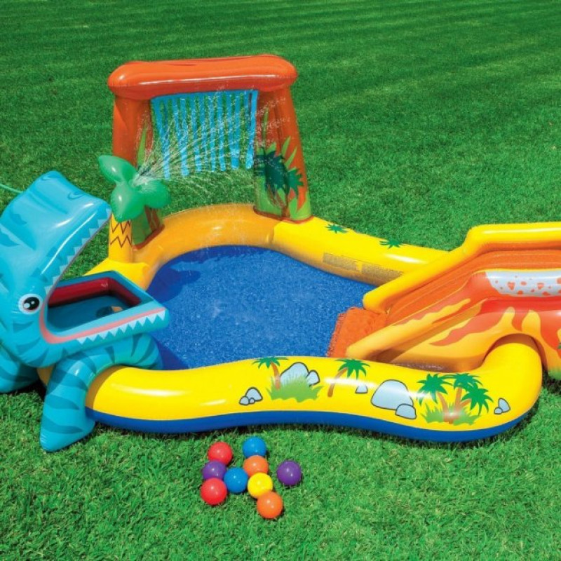 Надувний ігровий центр басейн дитячий від 3 років Intex 57444 Динозаври 249х191х109см з гіркою, душем, фонтанчиком та 6 кульками Різнокольоровий
