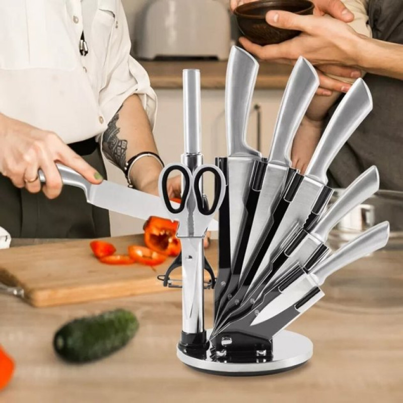 Набір кухонних ножів 9 предметів з нержавіючої сталі на підставці Edenberg EB-3618 Сріблястий Набір кухонних ножів 9 предметів з нержавіючої сталі на підставці Edenberg EB-3618 Сріблястий