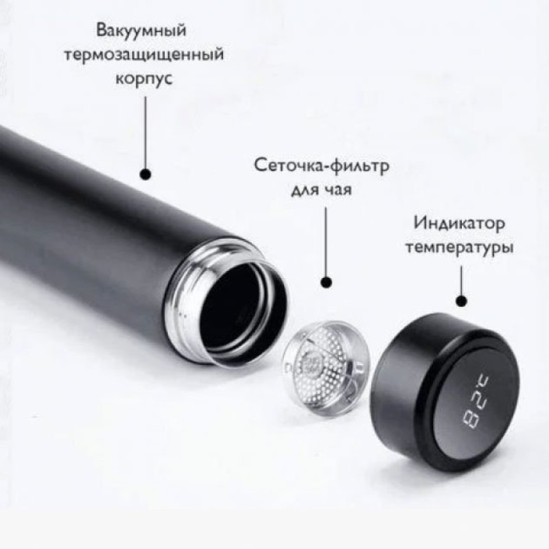 Термос-чашка з нержавіючої сталі термокухоль 500 мл з датчиком температури чорний UNIQUE UN-1006