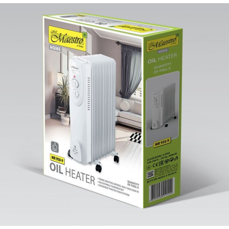 Масляний радіатор підлоговий з 9 секцій Maestro MR 950-9 три режими 1000/1200/2000 Вт Білий Масляний радіатор підлоговий з 9 секцій Maestro MR 950-9 три режими 1000/1200/2000 Вт Білий