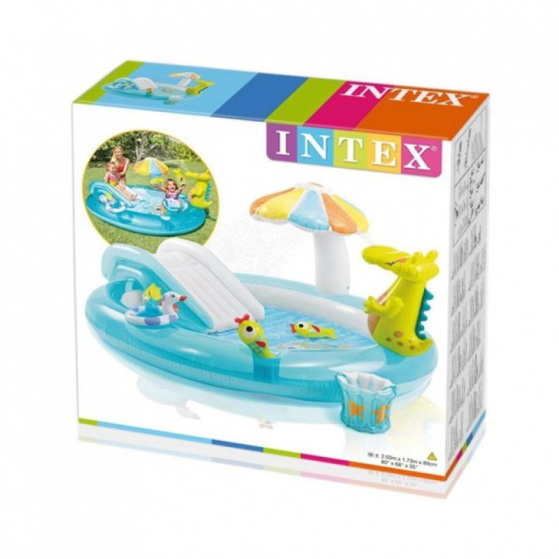 Надувний ігровий центр басейн дитячий від 2 років Intex 57165 Алігатор 201х170х84см 160л з гіркою та фонтаном Блакитний