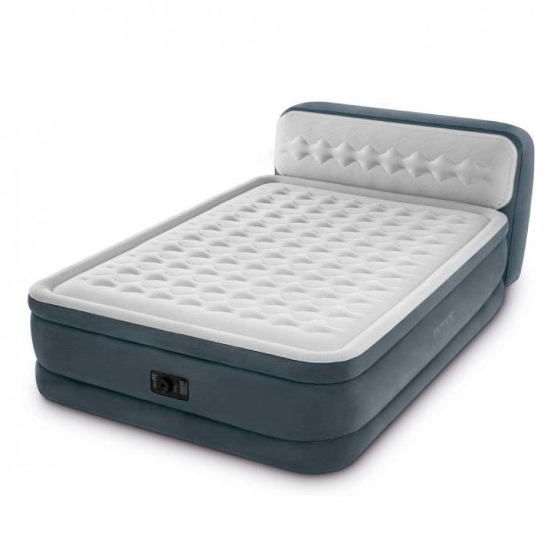 Матрац двомісний з підголівником ПВХ з флокованим покриттям надувне ліжко з електронасосом 220-240V Intex 64448 152х236х86/46см Сірий