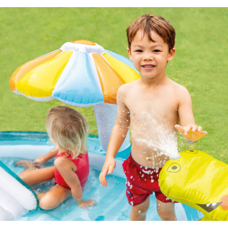 Надувний ігровий центр басейн дитячий від 2 років Intex 57165 Алігатор 201х170х84см 160л з гіркою та фонтаном Блакитний