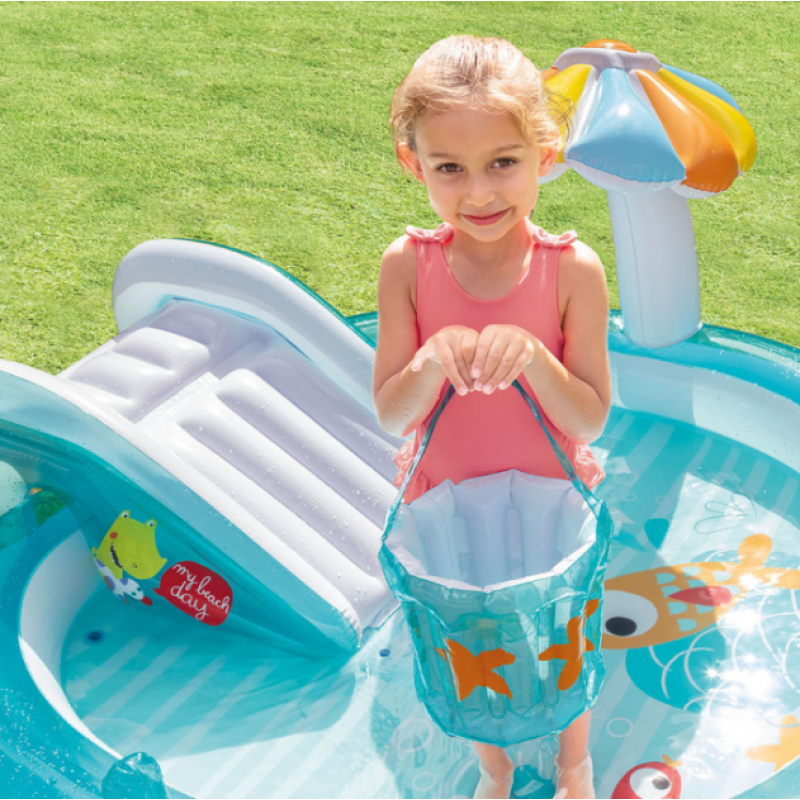 Надувний ігровий центр басейн дитячий від 2 років Intex 57165 Алігатор 201х170х84см 160л з гіркою та фонтаном Блакитний