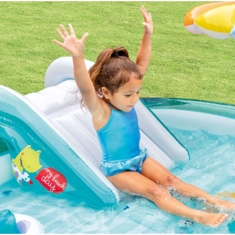Надувний ігровий центр басейн дитячий від 2 років Intex 57165 Алігатор 201х170х84см 160л з гіркою та фонтаном Блакитний