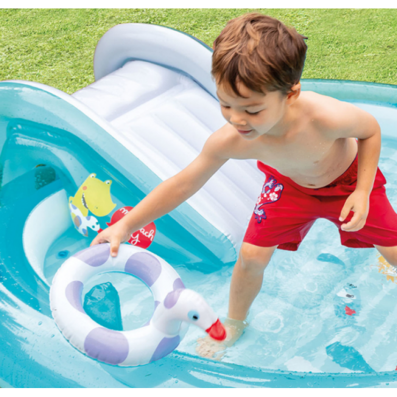 Надувний ігровий центр басейн дитячий від 2 років Intex 57165 Алігатор 201х170х84см 160л з гіркою та фонтаном Блакитний