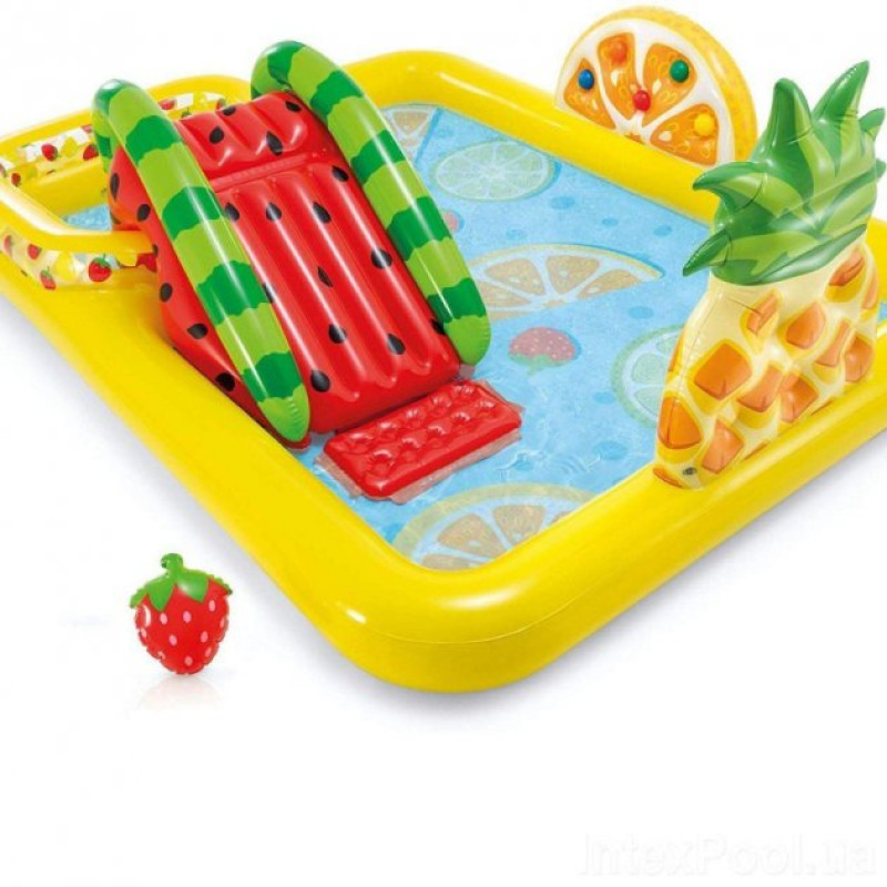 Надувний ігровий центр басейн дитячий від 2 років Intex 57158 Веселий фрукт 244x191x91см з гіркою та фонтанчиком Різнокольоровий