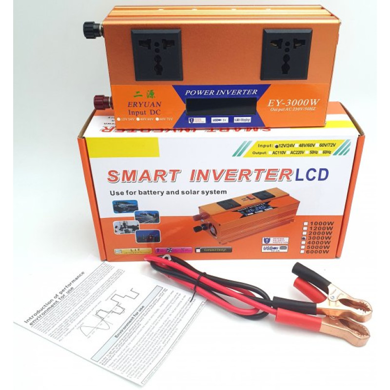 Перетворювач напруги 3000W DC 12V/24V в AC 220V з USB, інвертор із захистом від перевантажень та LCD екраном модифікована синусоїда Eryuan Коричневий