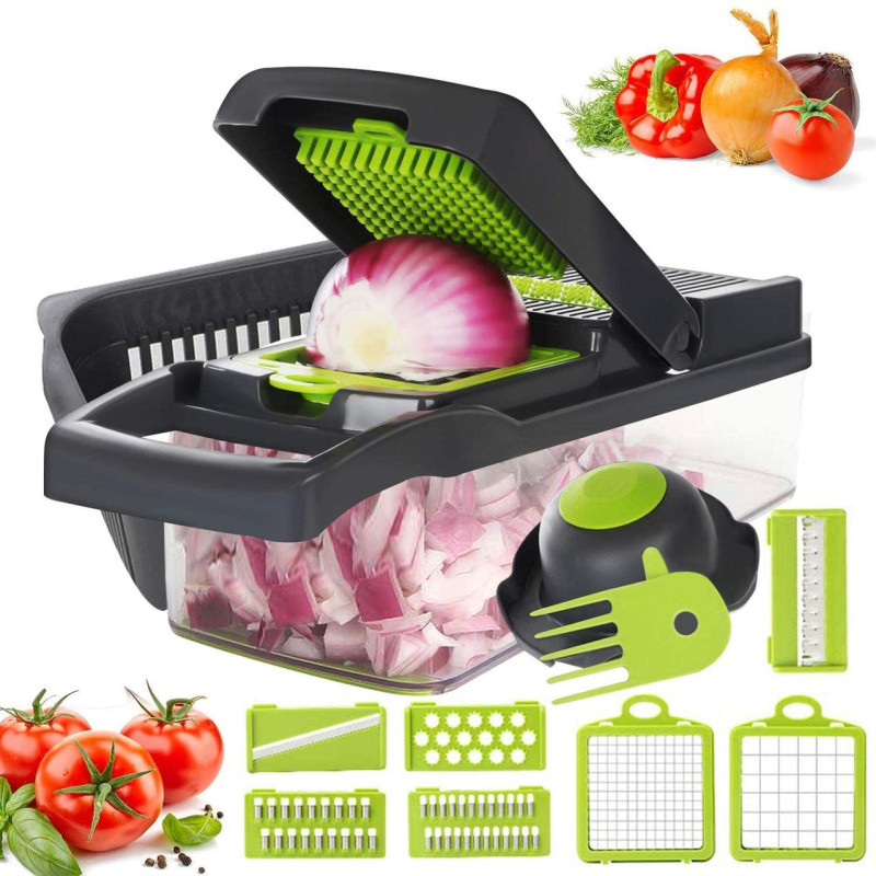 Багатофункціональна ручна овочерізка-подрібнювач Veggie Slicer 14в1 з насадками та контейнером, ситечко для яєць та ніж-економка для очищення овочів Сіро-зелений