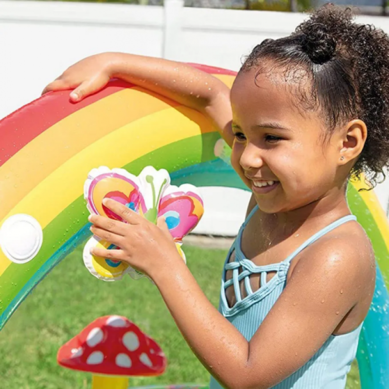 Надувний ігровий центр басейн дитячий від 2 років Intex 57154 Мій сад 290х180х104см 450л з гіркою, фонтаном та надувними іграшками Різнокольоровий