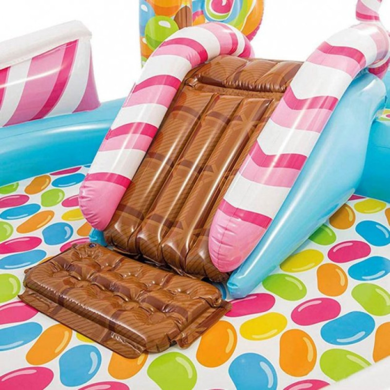 Надувний ігровий центр басейн дитячий від 3 років Intex 57149 Карамель 295х191х130см з гіркою, фонтаном, кільцями та м'ячиками Різнокольоровий