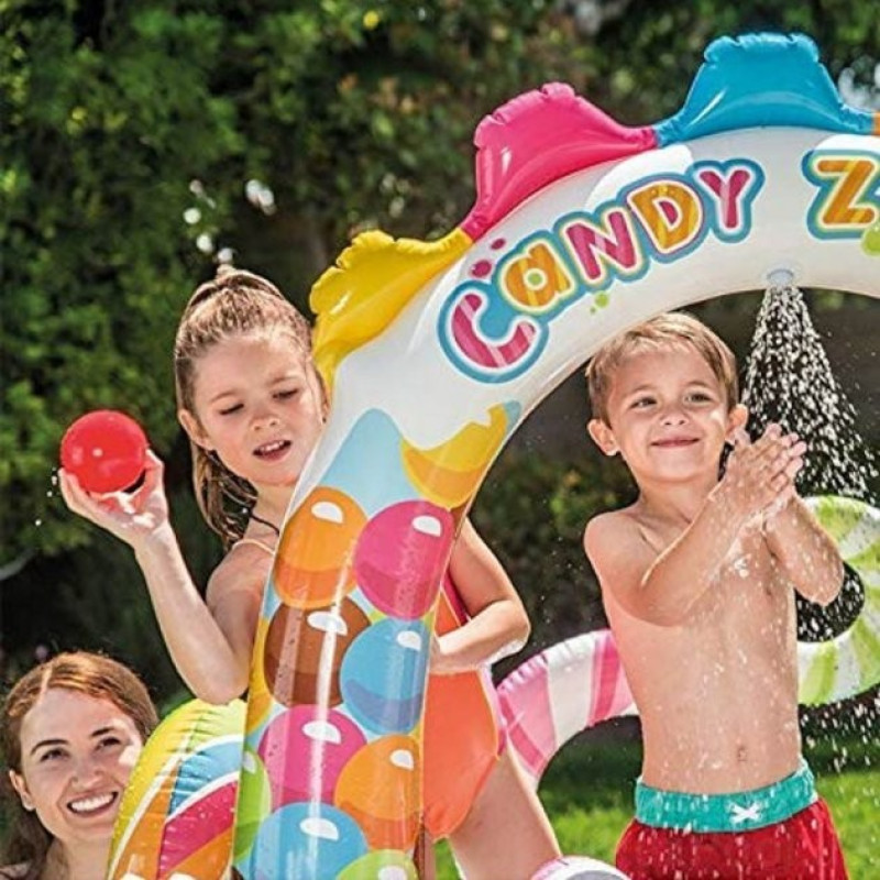 Надувний ігровий центр басейн дитячий від 3 років Intex 57149 Карамель 295х191х130см з гіркою, фонтаном, кільцями та м'ячиками Різнокольоровий