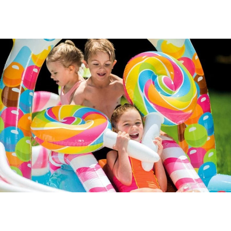Надувний ігровий центр басейн дитячий від 3 років Intex 57149 Карамель 295х191х130см з гіркою, фонтаном, кільцями та м'ячиками Різнокольоровий