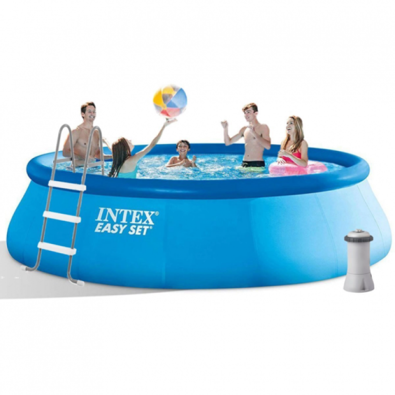 Надувний басейн наливний сімейний Intex 26166 457х107см 12430л з фільтром-насосом, сходами, тентом та підстилкою Синій