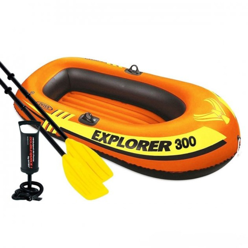 Надувний човен тримісний двокамерний Intex 58332 NP Explorer 300 з пластиковими веслами та ручним насосом 211х117х41см Помаранчевий