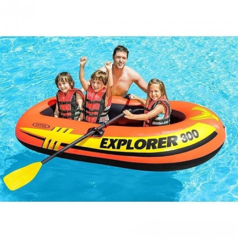 Надувний човен тримісний двокамерний Intex 58332 NP Explorer 300 з пластиковими веслами та ручним насосом 211х117х41см Помаранчевий
