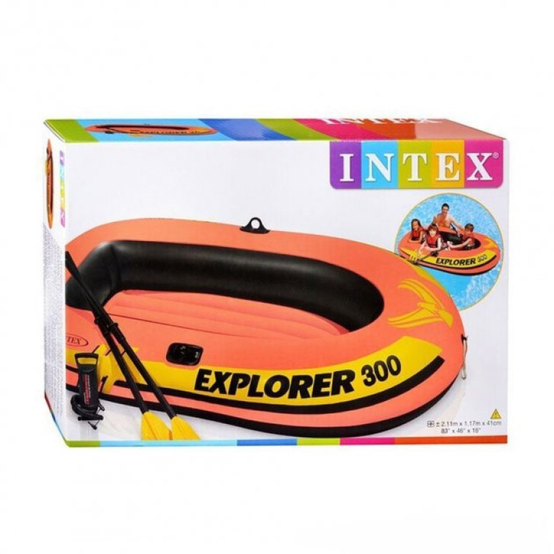 Надувний човен тримісний двокамерний Intex 58332 NP Explorer 300 з пластиковими веслами та ручним насосом 211х117х41см Помаранчевий