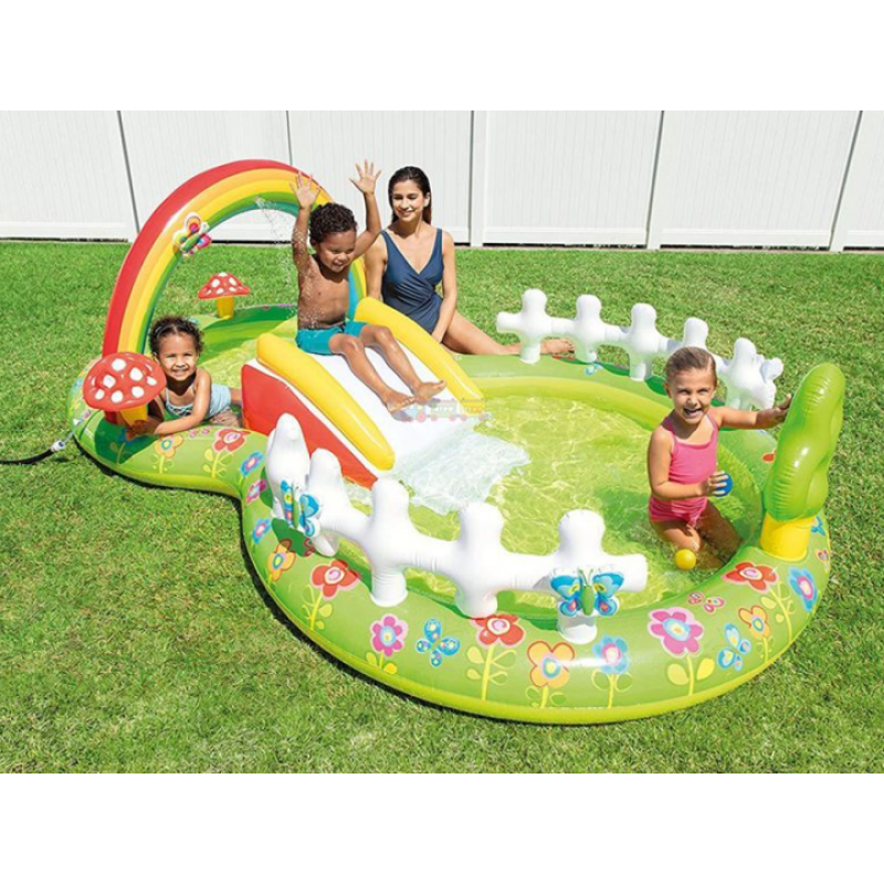 Надувний ігровий центр басейн дитячий від 2 років Intex 57154 Мій сад 290х180х104см 450л з гіркою, фонтаном та надувними іграшками Різнокольоровий