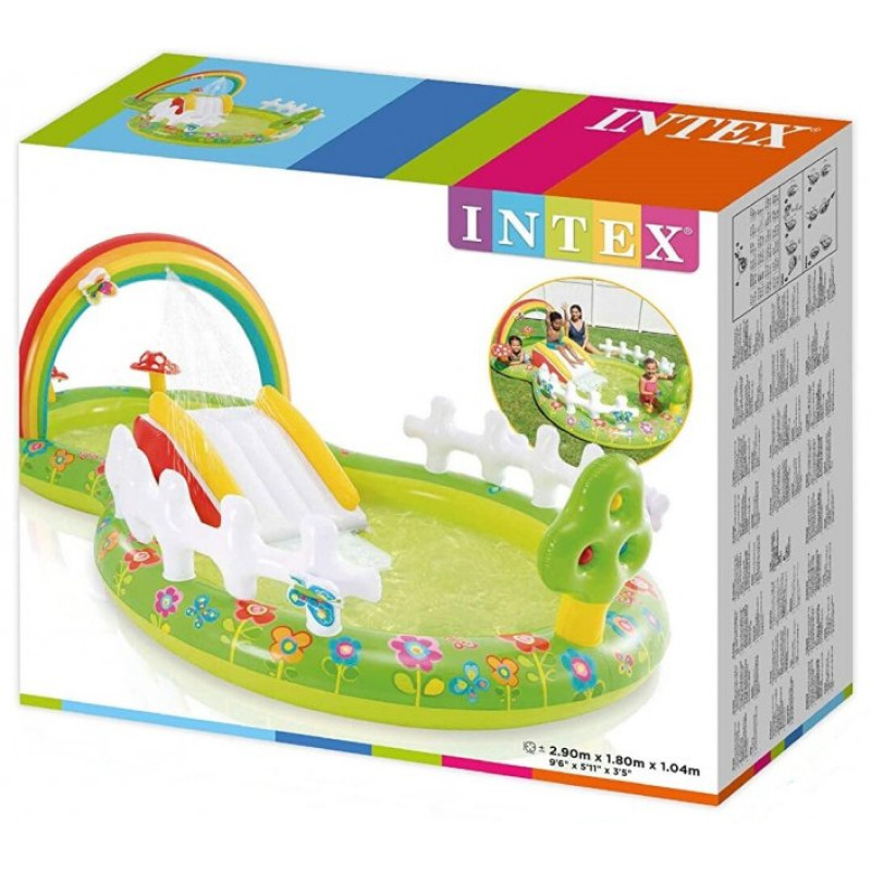Надувний ігровий центр басейн дитячий від 2 років Intex 57154 Мій сад 290х180х104см 450л з гіркою, фонтаном та надувними іграшками Різнокольоровий